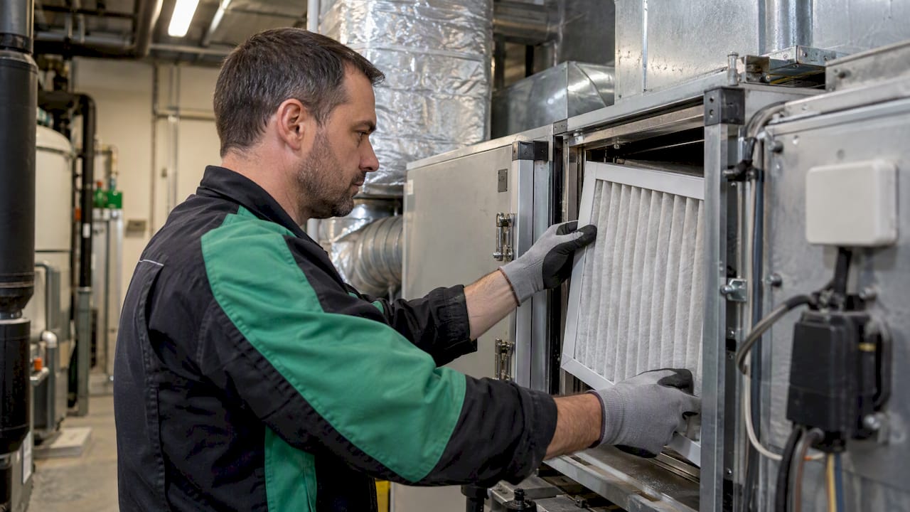 Technik czyści filtr systemu HVAC w biurowcu